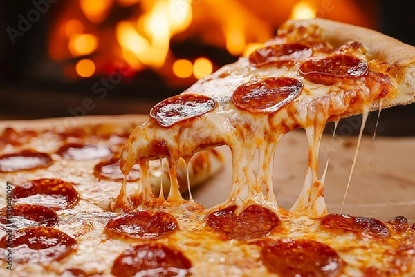 Obraz Close-Up of Pizza Slice with Gooey Cheese Stretching, Pepperoni, Wood-Fired Crust, Steam Rising, and Warm Lighting, Commercial Food Photography