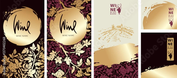 Fototapeta Collection labels for wine. Vector illustration, set of backgrounds with grapes, vineyard landscape and gold strokes. Eastern style, author's hand drawing.	