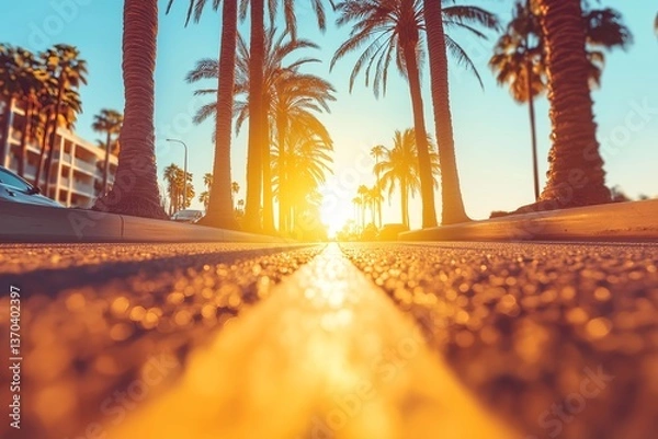 Obraz California Boulevard at Sunset with Palm Trees, Warm Golden Sky, Swaying Palms, Deep Silhouette, Mesmerizing Gradient of Yellow and Indigo, Long Shadows, Scenic Sunset View