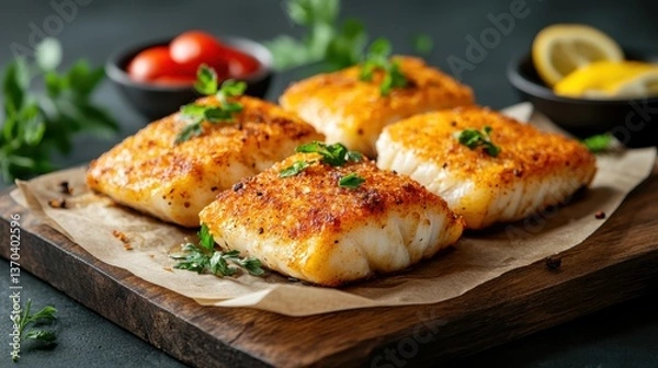 Fototapeta This image showcases perfectly grilled cod filets, seasoned to perfection, served on a wooden board garnished with fresh herbs, halved tomatoes, and lemon wedges.