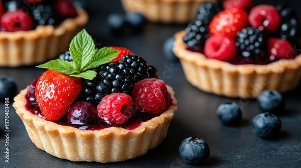 Fototapeta A gourmet berry tart that showcases an exquisite arrangement of fresh raspberries, blueberries, and strawberries, highlighting the essence of summer in every bite.