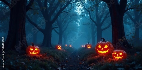 Fototapeta Dark forest with glowing jack o lanterns, twisted trees and misty fog, twilight, halloween