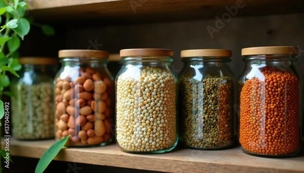 Fototapeta Stack of jars with seed samples on wooden shelf, seeds, botanical, greenery