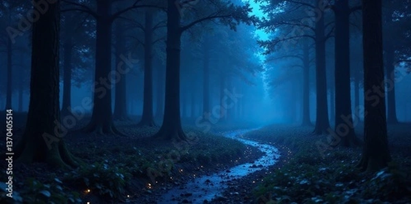 Fototapeta A dark forest with a serpentine path of twinkling blue stars, starlight, nocturnal, mysterious