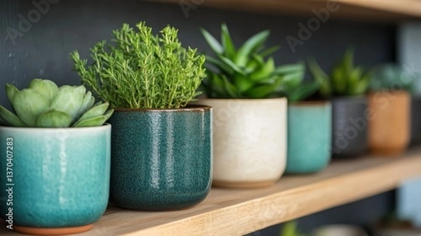 Fototapeta This sophisticated display features potted greens in varying shapes and sizes, beautifully arranged on a shelf to enhance the aesthetic appeal of the interior decor.