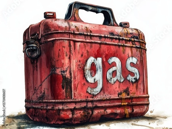 Fototapeta A Weathered Red Gas Can: A Detailed Watercolor Depiction of Rust, Patina, and the Word "GAS," Conveying a Sense of Age, Utility, and Industrial Heritage.