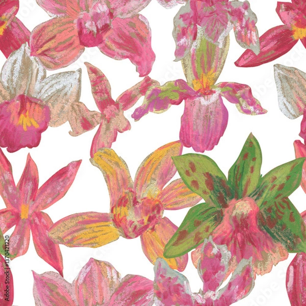 Fototapeta Orchid flowers wax crayons  seamless pattern on white isolated background. Textural and botanical repeating pattern. Spring Asian Flowers design for textiles, wrapping paper and wallpaper.