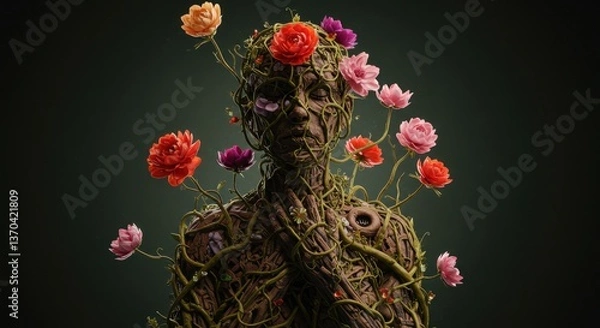 Fototapeta Flourishing Rebirth: A Digital Artwork Depicting a Human Figure Transformed by Nature, Embracing Renewal and Growth Through Vibrant Flowers and Vines
