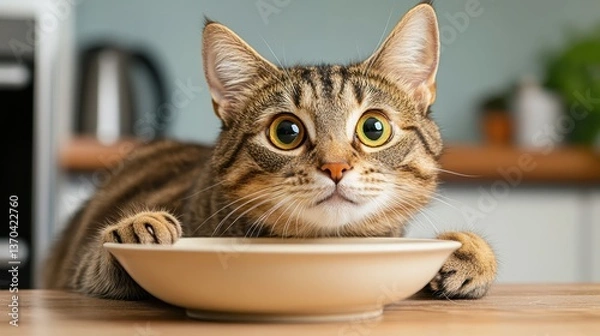 Fototapeta A striped tabby cat is closely gazing at its empty plate on a wooden table, showing an expression filled with eagerness and curiosity for its next meal.