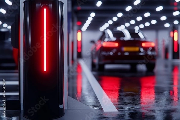 Obraz High-Tech Parking Garage Entrance with Automated Barrier, Digital Vehicle Entry Display, AI Surveillance Cameras Scanning License Plates, Modern Smart Parking System