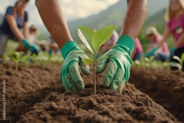 Obraz Reforestation Effort with Volunteers Planting Saplings on Deforested Hillside, Watering Young Trees Under Golden Sunlight, Environmental Conservation, Sustainable Future