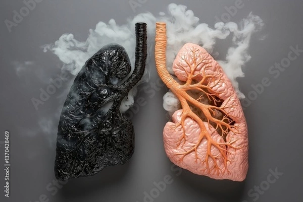Obraz Human Lungs Comparison, One Healthy and Vibrant, the Other Blackened and Decayed with Tar, Smoke Forming Skull Pattern, Respiratory Damage, Effects of Smoking, Lung Health, Toxic Exposure