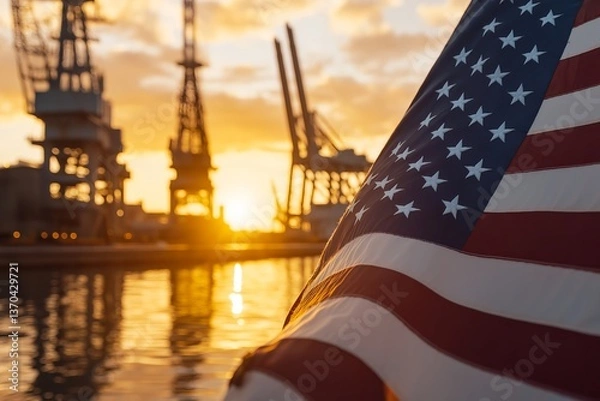 Obraz American Flag Draped Across Military Ship at Sunrise, Uniformed Sailors on Deck, Naval Shipyard with Cranes and Equipment, Calm Water Reflection, Patriotic Naval Scene