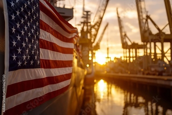 Obraz American Flag Draped Across Military Ship at Sunrise, Uniformed Sailors on Deck, Naval Shipyard with Cranes and Equipment, Calm Water Reflection, Patriotic Naval Scene