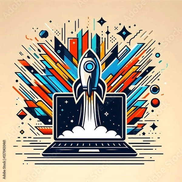 Fototapeta Stylized Rocket Launch from Laptop Vector Illustration