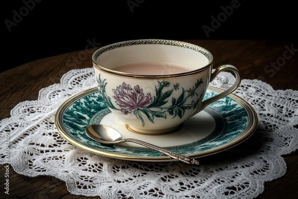 Fototapeta A teacup with a delicate floral design, placed on a lace tablecloth with a teaspoon beside it
