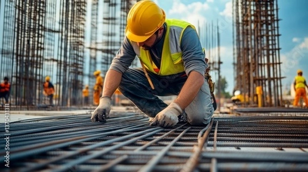 Fototapeta Construction Worker Securing Rebar on Building Site with Safety Gear