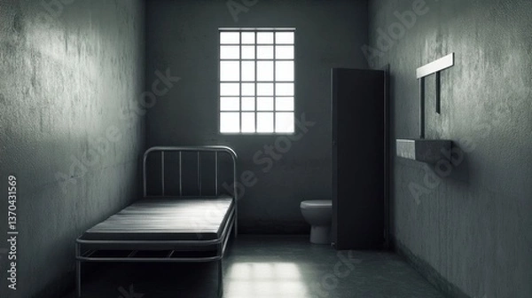 Obraz An isolated prison cell with minimal furnishings.