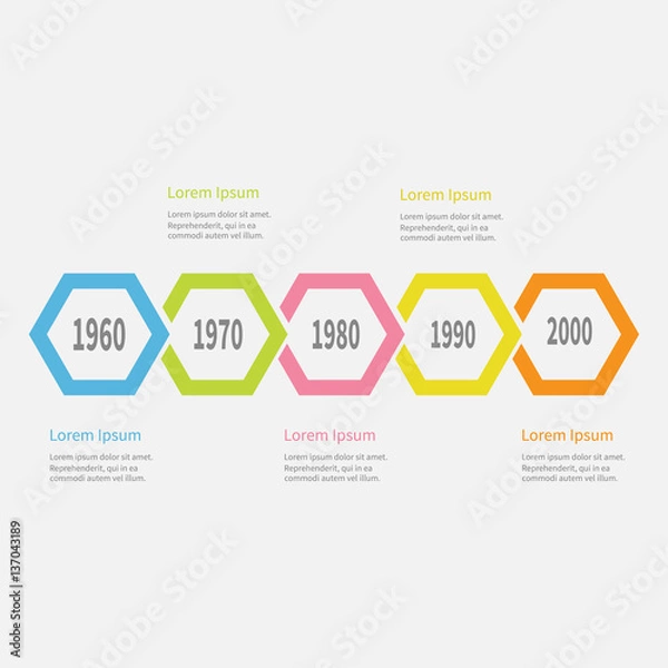 Fototapeta Five step Timeline Infographic. Colorful polygon line segment. Text Template. Flat design. White background. Isolated.