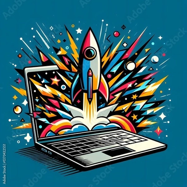 Fototapeta Stylized Rocket Launch Vector Illustration from Laptop
