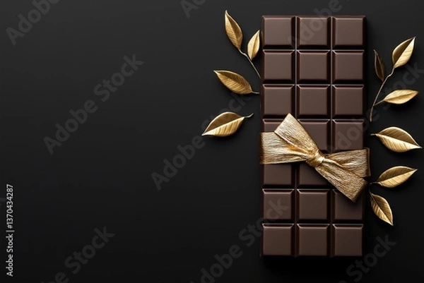 Obraz Luxury Chocolate Bar Packaging Mockup with Embossed Gold Foil on Matte Black Background, Unwrapped Glossy Dark Chocolate, Minimalist Branding, Premium Design, Product Presentation, Gourmet Sweet