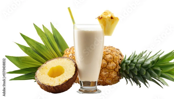 Fototapeta Tropi-colada smoothie. Glass of banana, coconut and pineapple smoothie Isolated On PNG Transparent and White Background 