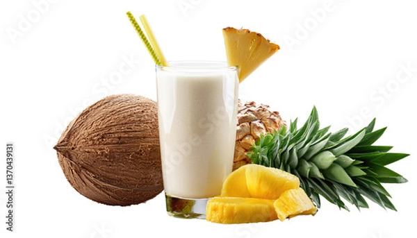 Fototapeta Tropi-colada smoothie. Glass of banana, coconut and pineapple smoothie Isolated On PNG Transparent and White Background 
