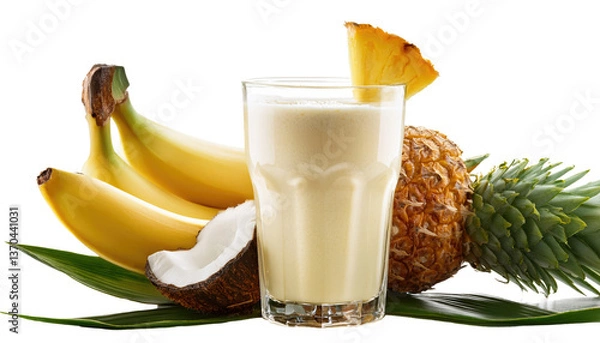 Fototapeta Tropi-colada smoothie. Glass of banana, coconut and pineapple smoothie Isolated On PNG Transparent and White Background 