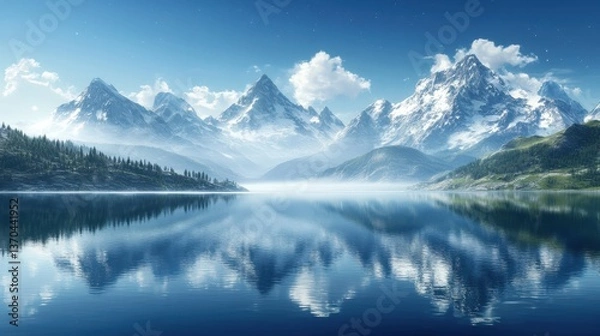 Fototapeta Celestial-inspired landscape with high fantasy mountain ranges casting infinite reflections in deep water