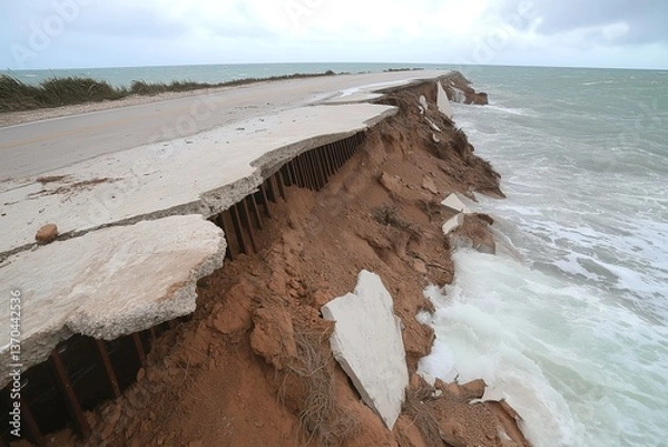 Fototapeta Seawall Collapse from Extreme Ocean Erosion After Powerful Hurricane, Crumbling Road, Concrete Chunks, Reinforcement Bars Dangling, Waves Crashing, Turbulent Water, Coastal Destruction