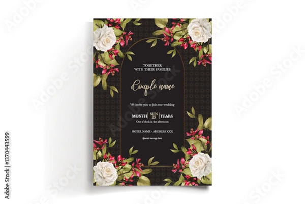 Obraz WEDDING INVITATION FRAME WITH FLOWER DECORATIONS AND FRESH LEAVES