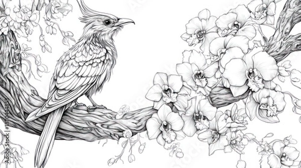 Fototapeta Detailed illustration of bird on branch with orchids.  Possible use Coloring book, educational material