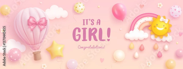 Fototapeta Baby shower horizontal banner or invitation with cartoon 3d rainbow, sun, hot air balloon and flowers on pink background. It's a girl. Baby birth background. Vector illustration