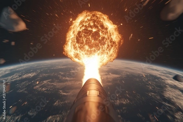 Obraz Nuclear Missile Launch to Intercept Giant Asteroid, Fiery Exhaust in Night Sky, Near-Future Space Defense, Glowing Cracked Asteroid, Planetary Protection, Sci-Fi Disaster Prevention