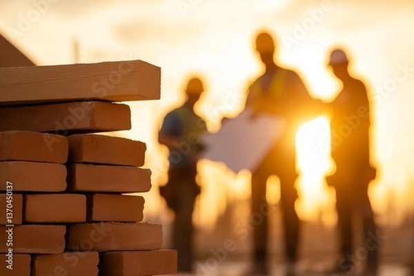 Obraz Partially Constructed House at Sunset with Workers in Silhouette, Golden Hour Light, Bricks and Blueprints in Foreground, Home Building Site, Residential Construction, Architecture Project Scene