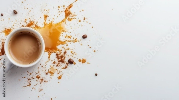 Fototapeta An engaging image featuring a coffee cup splashing liquid on a light surface, with coffee beans scattered nearby, embodying the lively nature of coffee enjoyment.