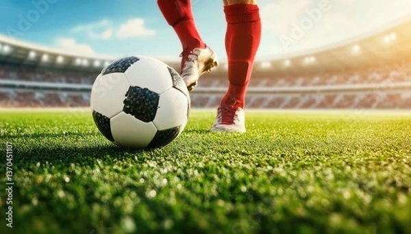 Fototapeta Soccer Player Controls Ball on Green Field in Stadium