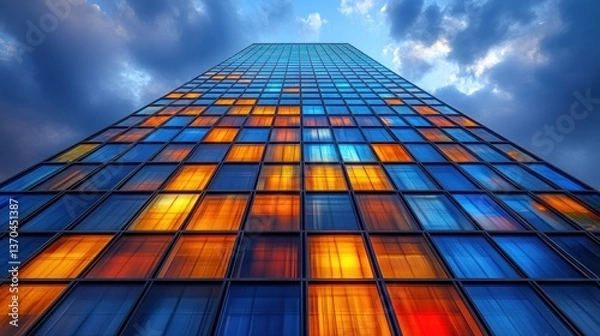 Fototapeta Modern skyscraper with illuminated windows