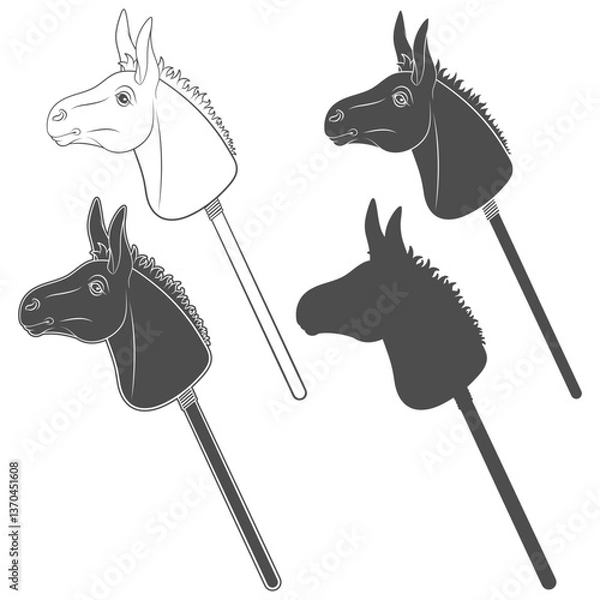 Obraz Set of black and white illustrations with hobby horse toy on stick. Isolated vector objects on white background.