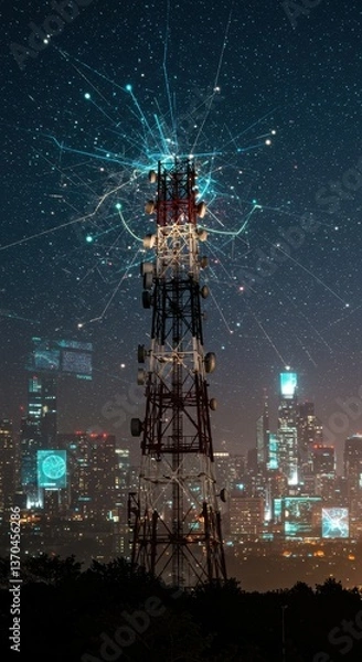 Fototapeta Night Cityscape with Communication Tower and Starry Sky