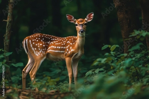 Fototapeta Young deer stands gracefully in a lush forest, surrounded by vibrant greenery and soft sunlight filtering through the trees