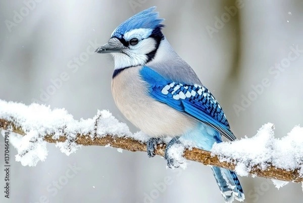 Fototapeta Bright blue jay perched on a snow-covered branch during winter in a serene forest setting