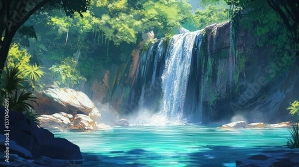 Fototapeta A beautiful cascading waterfall surrounded by lush green foliage and water