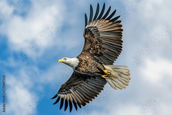 Fototapeta Bald eagle soaring in a blue sky with fluffy clouds during a sunny day