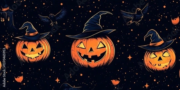 Fototapeta Jack o' Lanterns and Flying Birds with Stars on Dark Backdrop