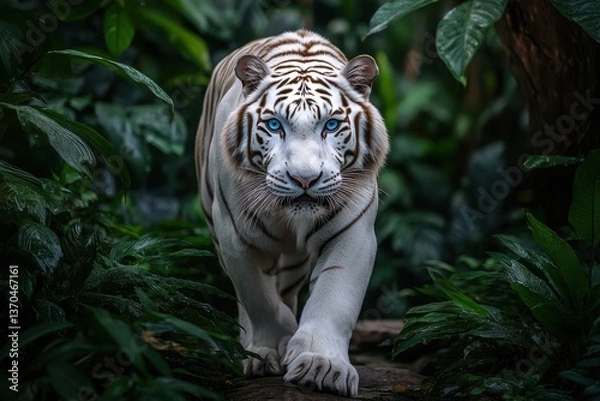Fototapeta White tiger walks through dense foliage in a tropical environment during early morning light