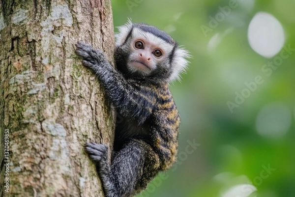 Fototapeta Monkey climbing a tree in lush green forest during daylight hours showcasing its playful antics and natural habitat
