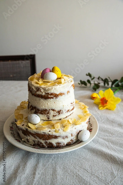 Fototapeta Homemade two layered Easter carrot cake with ricotta cream, decorated with chocolate eggs and almonds and daffodils on linen tablecloth.