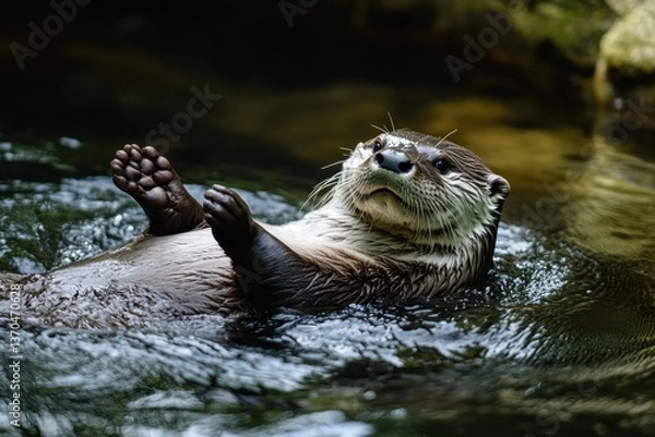 Fototapeta Playful otter enjoys a swim in a tranquil stream surrounded by lush greenery during a sunny day
