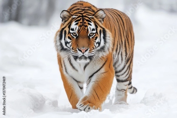 Fototapeta Tiger walks gracefully through snowy landscape in a serene winter setting